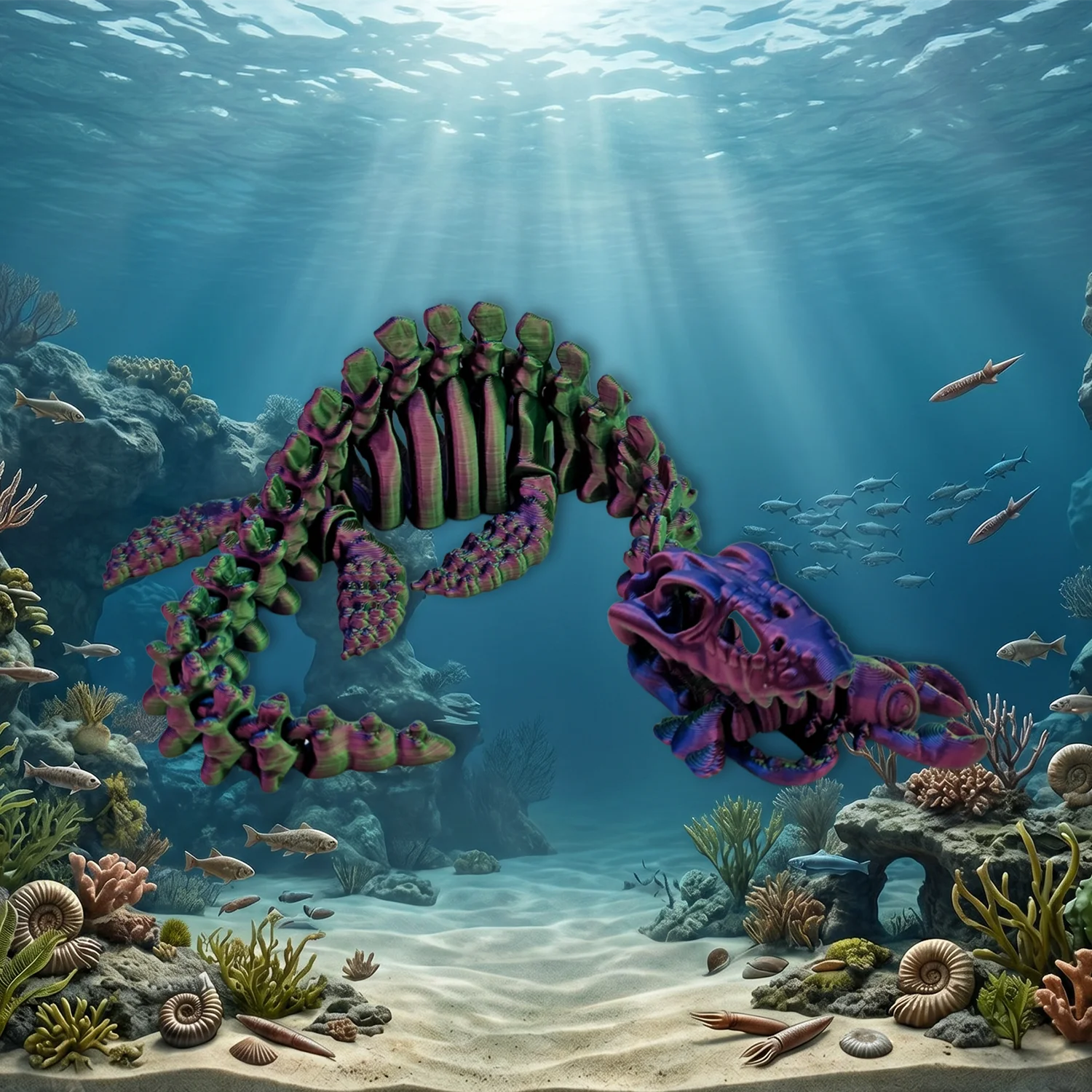 Plesiosaurus-bleu-vert-violet-2 Plesiosaurus articulé Fantasia 3D — vue 2