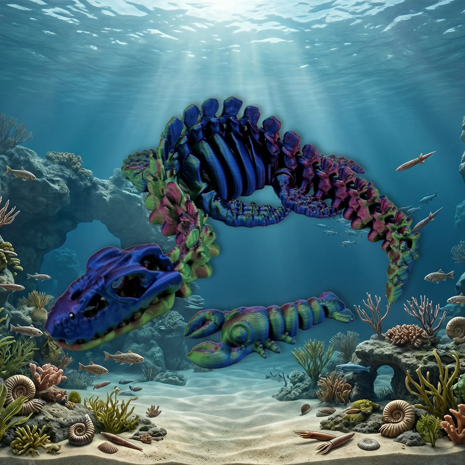 Plesiosaurus-bleu-vert-violet-4 Plesiosaurus articulé Fantasia 3D — vue 4